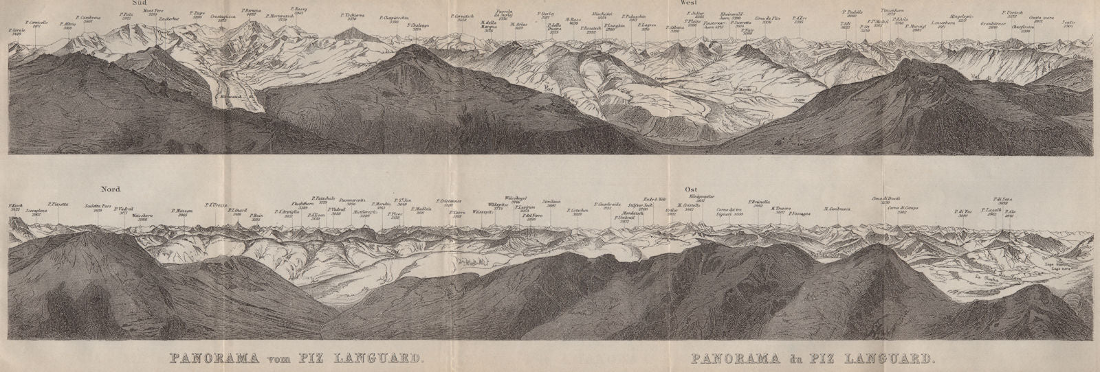 PIZ LANGUARD PANORAMA. Bernina Roseg Monte Rosa Mont Blanc Cristallo 1897 map